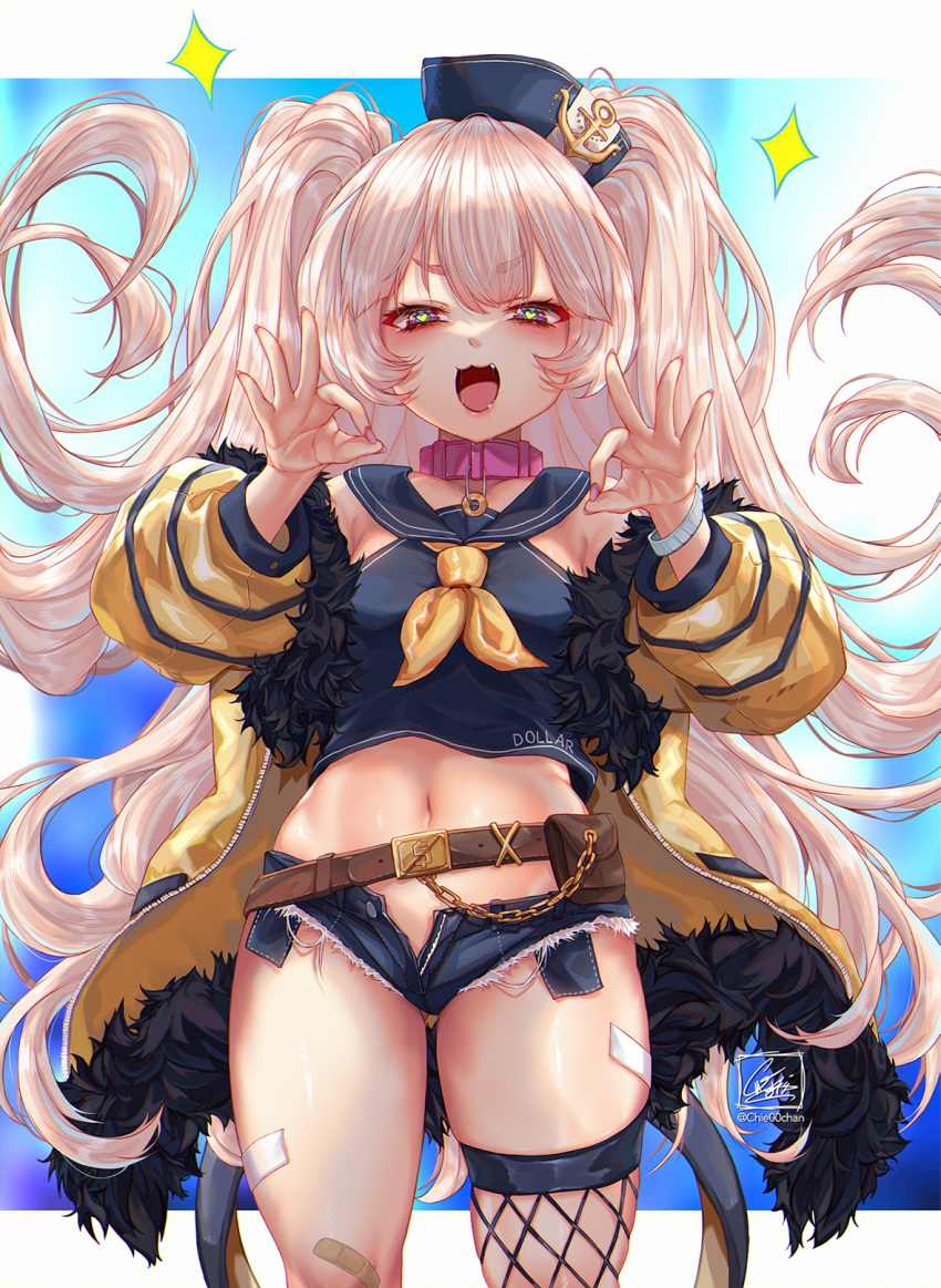 1girl :3 :d anchor_symbol azur_lane bache_(azur_lane) bandaid bandaid_on_knee bangs bare_shoulders belt belt_pouch black_headwear black_sailor_collar black_shirt blonde_hair blue_background blush breasts brown_belt chie00chan collar commentary cowboy_shot crop_top cutoffs denim denim_shorts dollar_bill double_ok_sign exposed_pocket eyebrows_visible_through_hair fang fishnet_legwear fishnets floating_hair fur-trimmed_jacket fur_trim hat heart heart-shaped_pupils highres jacket long_hair looking_at_viewer micro_shorts midriff navel neckerchief off_shoulder ok_sign open_clothes open_mouth open_shorts pink_collar pouch purple_eyes sailor_collar sailor_hat shirt shorts sidelocks signature single_thighhigh skindentation sleeveless sleeveless_shirt small_breasts smile solo sparkle standing symbol-shaped_pupils thighhighs twitter_username two_side_up very_long_hair wristband yellow_jacket yellow_neckwear