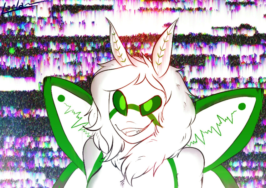 antennae_(anatomy) anthro arthropod evil_grin female glitch green_eyes hi_res insect insect_wings leelan lepidopteran luna_moth miss_moth moth saturniid showing_teeth smile solo wings