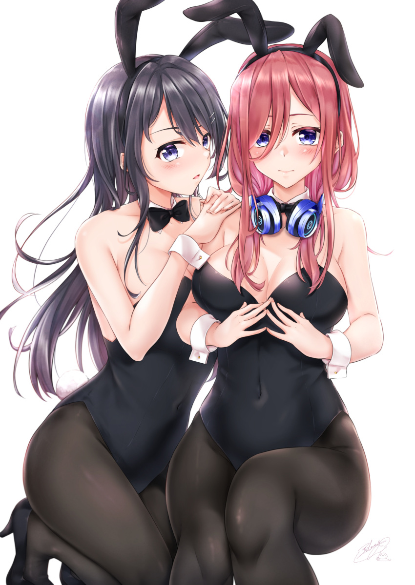 2girls absurdres animal_ears black_hair black_legwear black_leotard black_neckwear blue_eyes bow bowtie breasts brown_hair bunny_ears bunny_tail cleavage commentary_request crossover detached_collar fake_animal_ears go-toubun_no_hanayome headphones headphones_around_neck highres leotard long_hair looking_at_viewer medium_breasts mini_dang01 multiple_girls nakano_miku pantyhose playboy_bunny purple_eyes sakurajima_mai seishun_buta_yarou simple_background sitting tail white_background wrist_cuffs