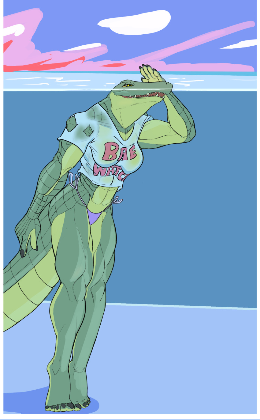 5_fingers 5_toes anthro athena_(f_draws) breasts clothed clothing crocodile crocodilian crocodylid english_text f_draws feet female fingers green_body green_scales hi_res muscular muscular_anthro muscular_female non-mammal_breasts open_mouth partially_submerged reptile scales scalie sharp_teeth shirt solo standing teeth text toes topwear torn_clothing torn_shirt torn_topwear translucent translucent_clothing translucent_shirt translucent_topwear water wet wet_clothing wet_shirt wet_topwear yellow_eyes yellow_sclera