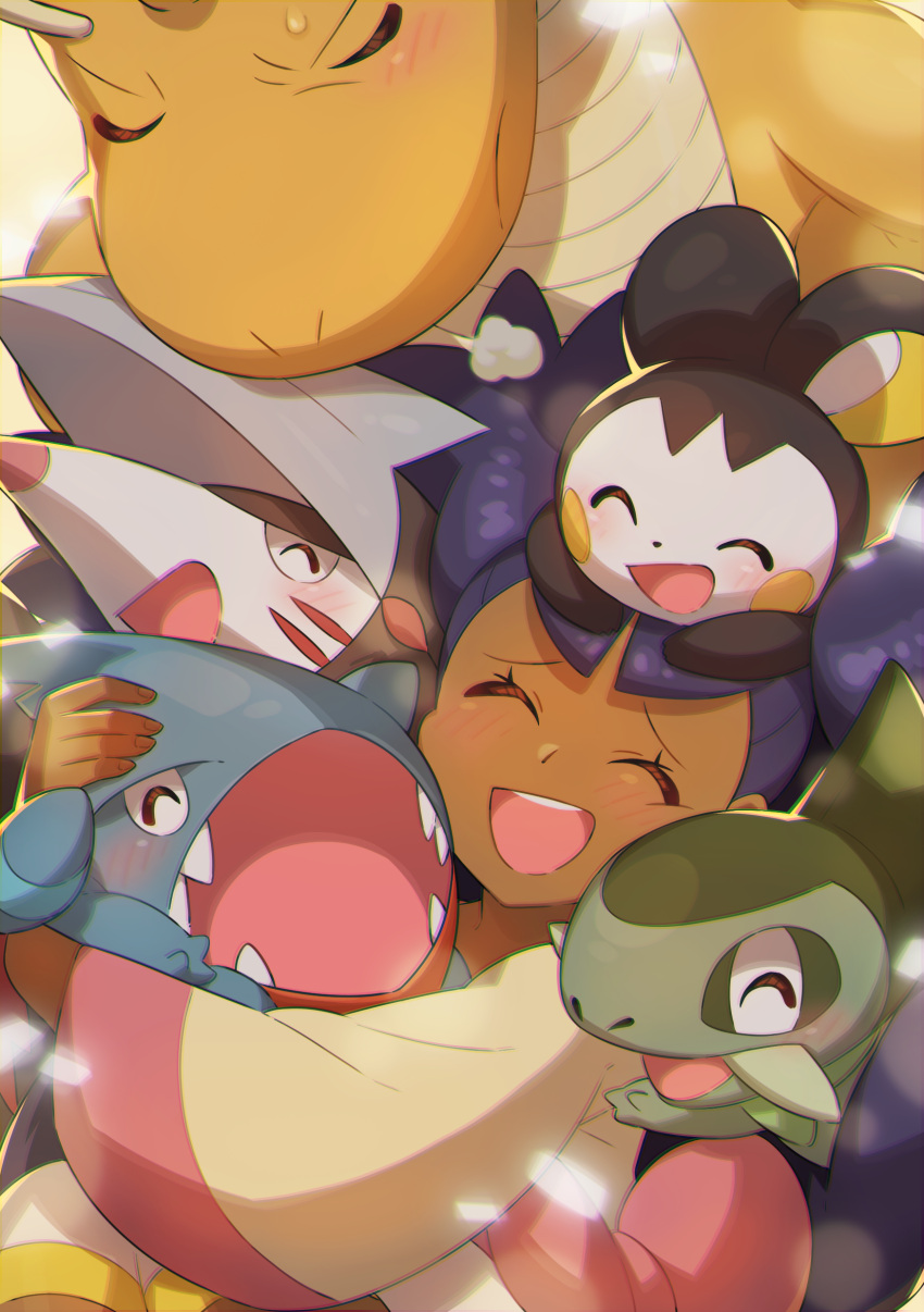 1girl absurdres axew bangs blush closed_eyes commentary_request dark_skin dark_skinned_female dragonite emolga excadrill eyelashes gen_1_pokemon gen_4_pokemon gen_5_pokemon gible happy highres holding holding_pokemon iris_(pokemon) long_hair open_mouth pokemon pokemon_(anime) pokemon_(creature) pokemon_bw_(anime) purple_hair raised_eyebrows smile taisa_(lovemokunae) tongue upper_teeth |d