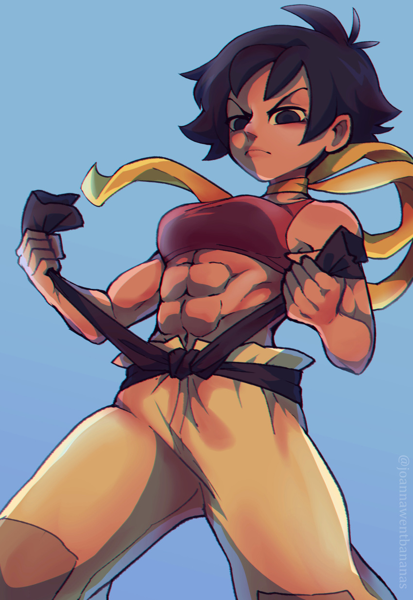 1girl abs absurdres adjusting_belt belt biceps black_belt black_eyes black_hair blue_background breasts choker clenched_hands dougi english_commentary highres joanna_went_bananas karate_gi lips makoto_(street_fighter) medium_breasts muscular muscular_female patches red_sports_bra ribbon ribbon_choker shirtless short_hair solo sports_bra street_fighter street_fighter_iii_(series) tan tomboy yellow_choker yellow_ribbon