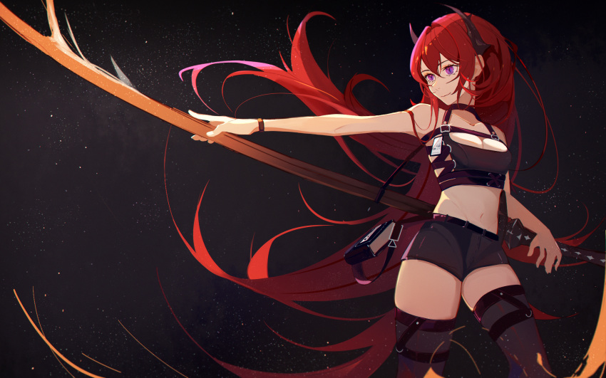 1girl arknights black_shorts book bracelet breast_strap breasts cleavage collarbone crop_top floating_hair hair_behind_ear highres holding holding_sword holding_weapon jewelry jijing_zishui long_hair midriff navel red_hair shorts skindentation smile solo surtr_(arknights) sword thighhighs very_long_hair weapon