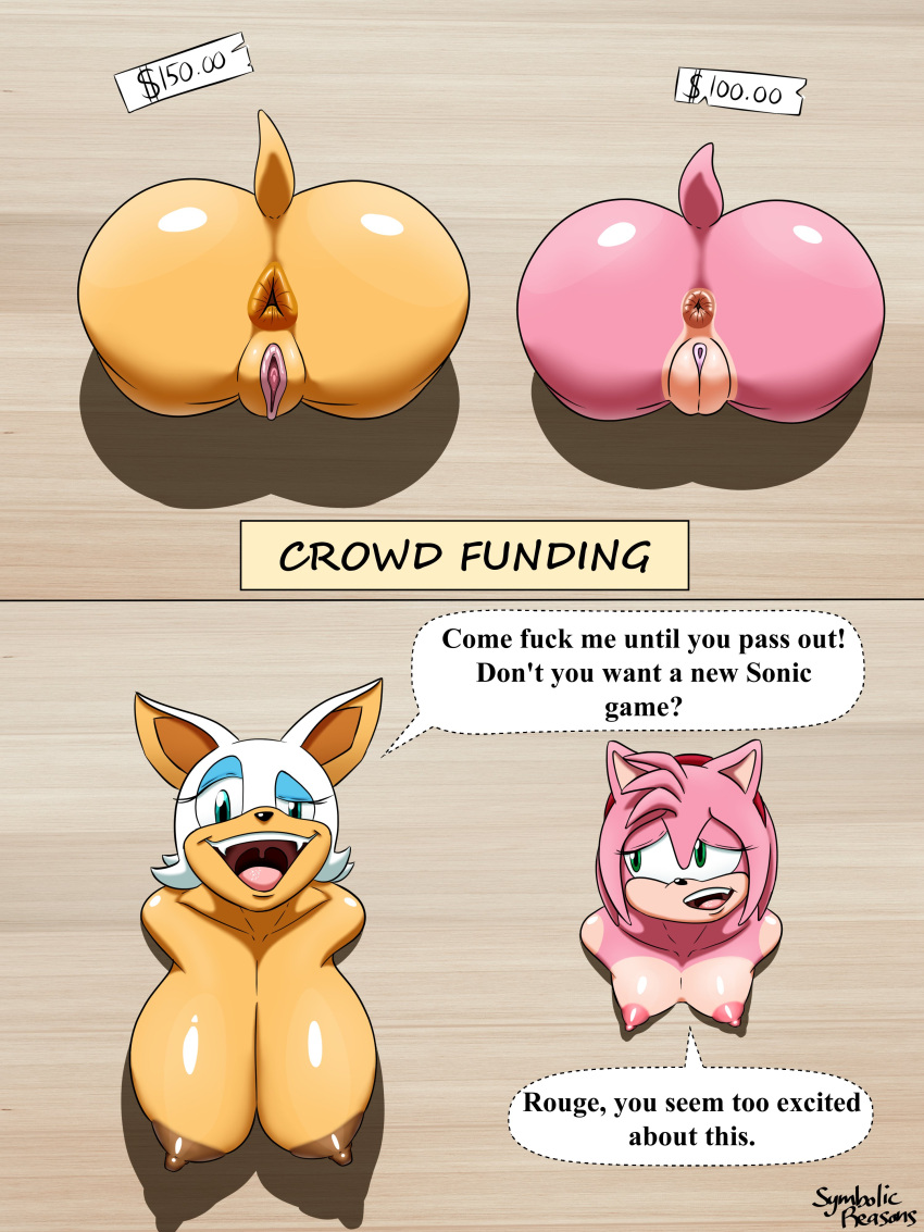 2021 absurd_res amy_rose anthro anus areola artist_name big_breasts black_nose breasts butt chiropteran dialogue duo english_text eulipotyphlan fangs female genitals glistening glistening_body half-closed_eyes hedgehog hi_res huge_breasts looking_at_viewer mammal narrowed_eyes nipples nude open_mouth open_smile price_tag public_use pussy rouge_the_bat smile sonic_the_hedgehog_(series) speech_bubble symbolic_reasons teeth text through_wall tongue