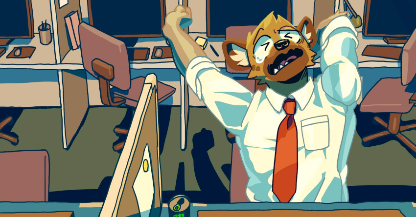 2021 aggressive_retsuko anthro black_nose brown_body brown_fur chair cheek_tuft clothed clothing facial_tuft fangs fur furniture haida hi_res hyaenid inside male mammal necktie open_mouth sanrio screen shadow sitting solo spotted_hyena tuft vetiver_n