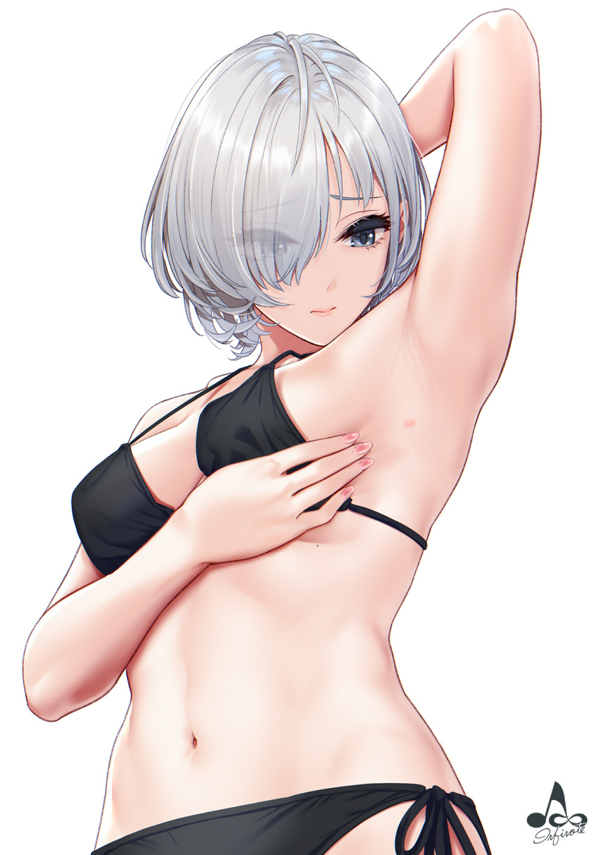 1girl arm_up armpits bangs bare_arms bikini black_bikini breasts bug_bite closed_mouth cowboy_shot from_side grey_hair hair_over_one_eye highres infinote looking_down medium_breasts nail_polish navel original pink_nails sashou_mihiro shiny shiny_hair short_hair side-tie_bikini signature silver_hair simple_background smile solo stomach swimsuit white_background