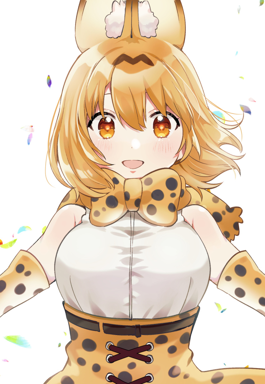 1girl :d animal_ear_fluff animal_ears bare_shoulders bow bowtie breasts brown_eyes commentary_request elbow_gloves eyebrows_behind_hair gloves highres kemono_friends large_breasts light_blush light_brown_hair looking_at_viewer open_mouth serval_(kemono_friends) serval_ears serval_print short_hair simple_background smile solo suicchonsuisui upper_body white_background