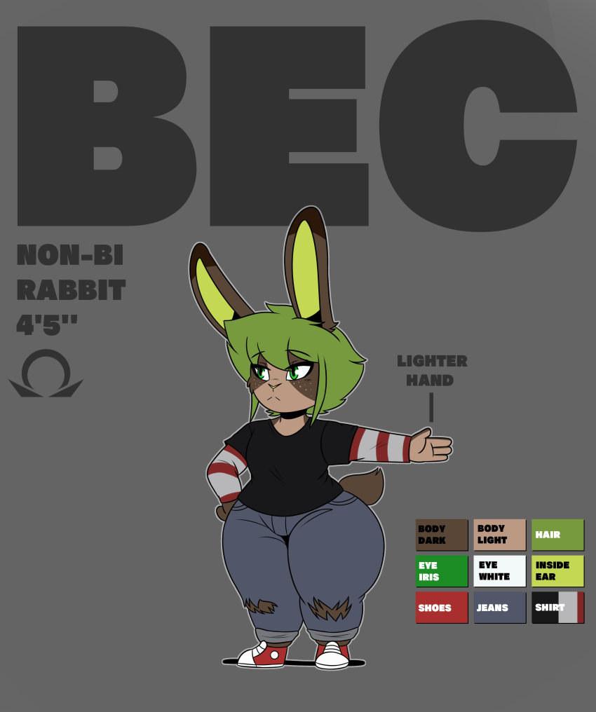 2021 absurd_res anthro bec_(lobokosmico) brown_body brown_fur clothed clothing digital_media_(artwork) english_text female footwear fur green_eyes green_hair hair hi_res lagomorph legwear leporid lobokosmico mammal model_sheet pattern_clothing rabbit shirt shoes short_stack simple_background solo standing striped_clothing stripes text thick_thighs topwear