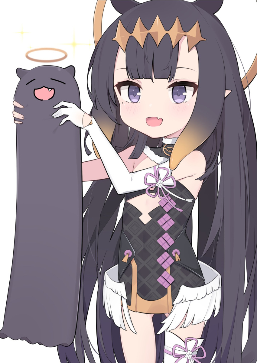 1girl :3 =_= bangs black_hair cp2980606 detached_sleeves fang flat_chest fur_choker gloves halo highres holding hololive hololive_english long_hair longcat meme ninomae_ina'nis open_mouth pointy_ears purple_eyes single_detached_sleeve single_glove single_thighhigh smile solo tako_(ninomae_ina'nis) thighhighs white_background white_gloves wings younger