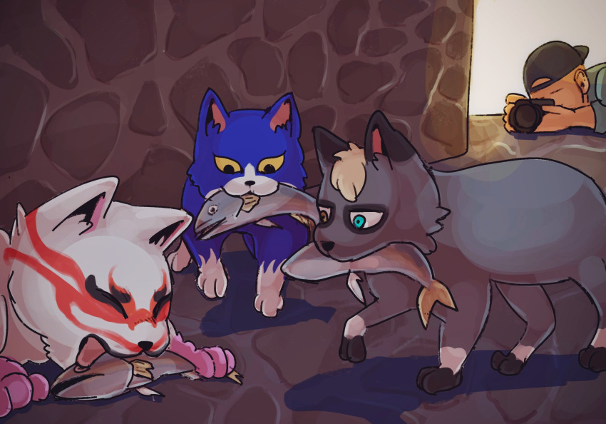 2020 animal_crossing blue_body camera domestic_cat felid feline felis feral fur grey_body grey_fur group heterochromia hi_res human kabuki_(animal_crossing) mammal nintendo raymond_(animal_crossing) tom_(animal_crossing) tongue vetiver_n video_games yellow_eyes