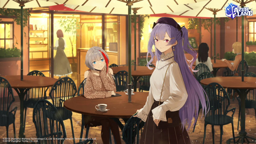 2girls admiral_graf_spee_(azur_lane) admiral_graf_spee_(daily_peaceful_life)_(azur_lane) ajax_(azur_lane) ajax_(valentine's_reward?)_(azur_lane) aran_sweater asymmetrical_hair azur_lane bag black_headwear black_legwear black_skirt blue_eyes breasts brown_sweater cafe cellphone chair closed_mouth clothing_cutout collar commentary cowboy_shot cup english_commentary eyebrows_visible_through_hair frilled_collar frills hand_on_own_cheek hand_on_own_face handbag hat highres logo long_hair long_sleeves looking_at_viewer medium_breasts multicolored_hair multiple_girls official_alternate_costume official_art outdoors pantyhose patio_umbrella phone purple_eyes purple_hair red_hair second-party_source shirt shirt_tucked_in short_hair shoulder_cutout silver_hair sitting skirt sleeves_past_wrists smartphone smile somehira_katsu standing storefront straight_hair streaked_hair striped sweater table teacup two-tone_hair two_side_up vertical-striped_skirt vertical_stripes watermark white_shirt