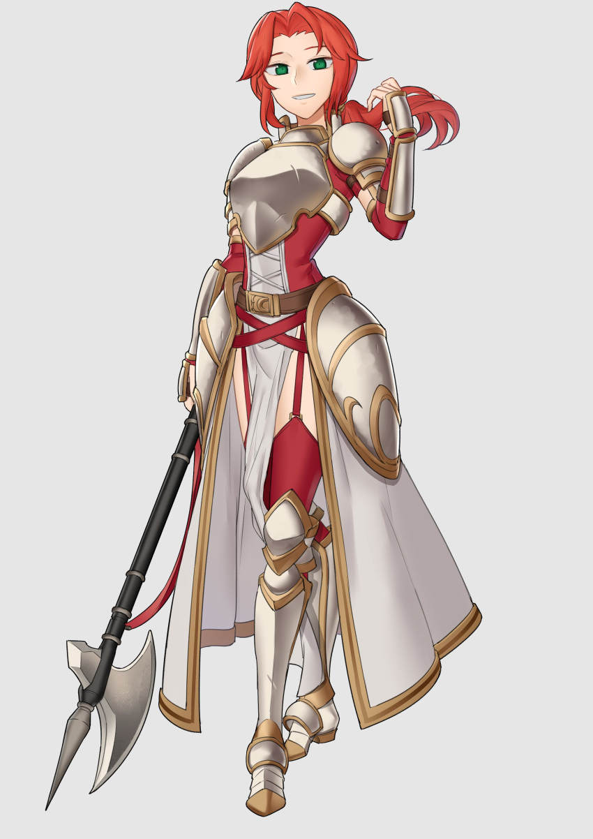 1girl absurdres armor armored_boots axe boots braid breasts ebinku fire_emblem fire_emblem:_path_of_radiance full_body garter_straps green_eyes grey_background grin highres holding holding_axe long_hair medium_breasts red_hair simple_background smile solo standing thighhighs titania_(fire_emblem) waist_cape younger