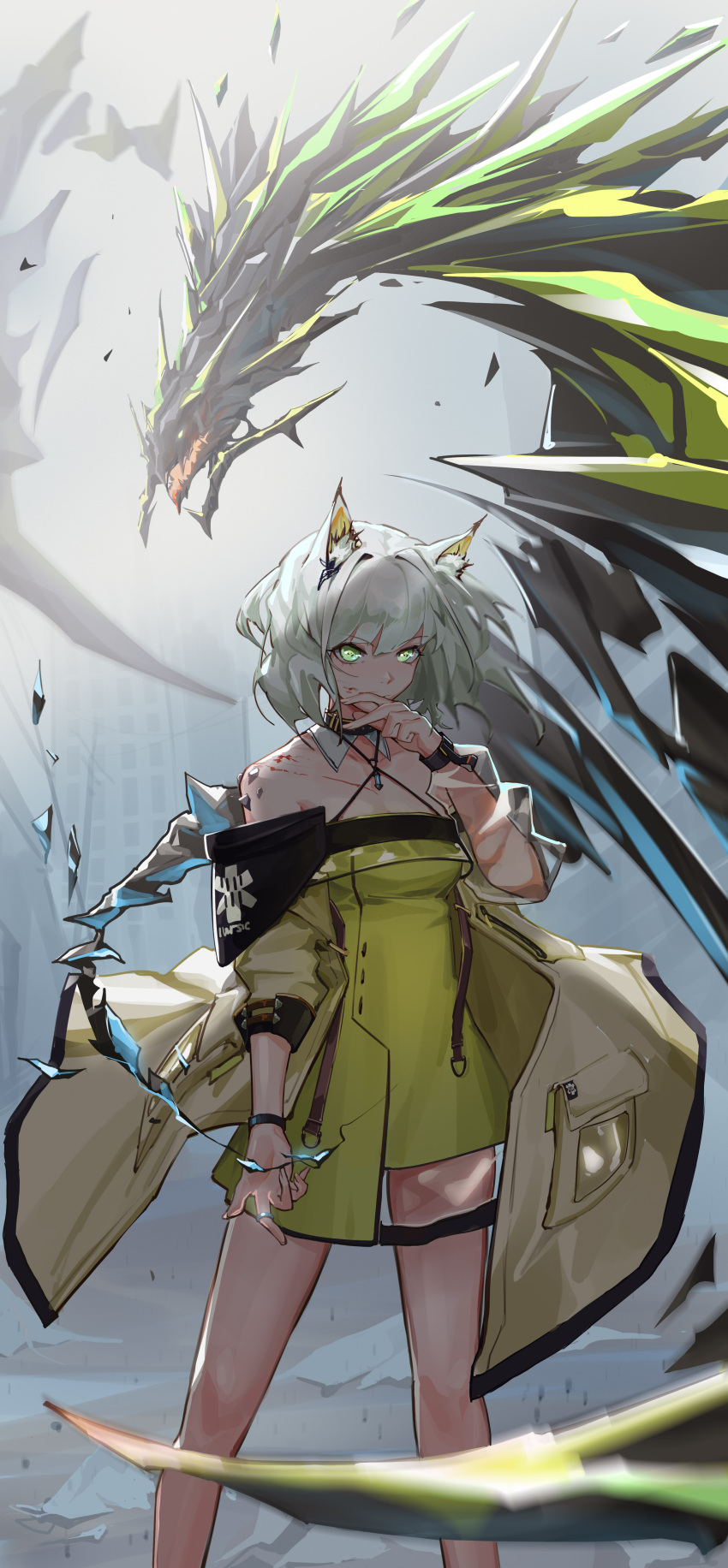 1girl absurdres animal_ear_fluff animal_ears arknights bangs bare_shoulders blood cat_ears commentary_request dragon dress eyebrows_visible_through_hair green_dress green_eyes highres jacket jewelry kal'tsit_(arknights) mon3tr_(arknights) piao_miao ring short_hair silver_hair solo