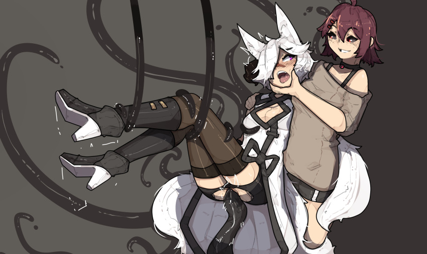 5_fingers absurd_res accessory ahoge aio_(s_h_uuko) animal_humanoid bike_shorts black_sclera black_tentacles black_thigh_highs blush bodily_fluids boots bottomwear breasts canid canid_humanoid canine canine_humanoid cherry_(cherriip0p) choker cleavage clothed clothing collarbone demon duo eyebrow_through_hair eyebrows eyelashes_visible_through_hair facial_scar female female/female fingers footwear fox_humanoid freckles fur genital_fluids genitals glistening glistening_clothing grey_background hair hair_accessory hairclip hi_res high_heeled_boots high_heels humanoid inner_ear_fluff jewelry legwear looking_at_another looking_back mammal mammal_humanoid multi_tail necklace open_mouth penetration purple_eyes purple_hair pussy pussy_juice red_eyes s_h_uuko scar shaking short_hair shorts simple_background small_breasts smile spats standing stockings suspension teeth tentacle_around_leg tentacle_sex tentacles thigh_highs tongue tongue_out torn_bottomwear torn_clothing torn_shorts translucent translucent_hair trembling tuft vaginal vaginal_penetration white_body white_fur white_hair