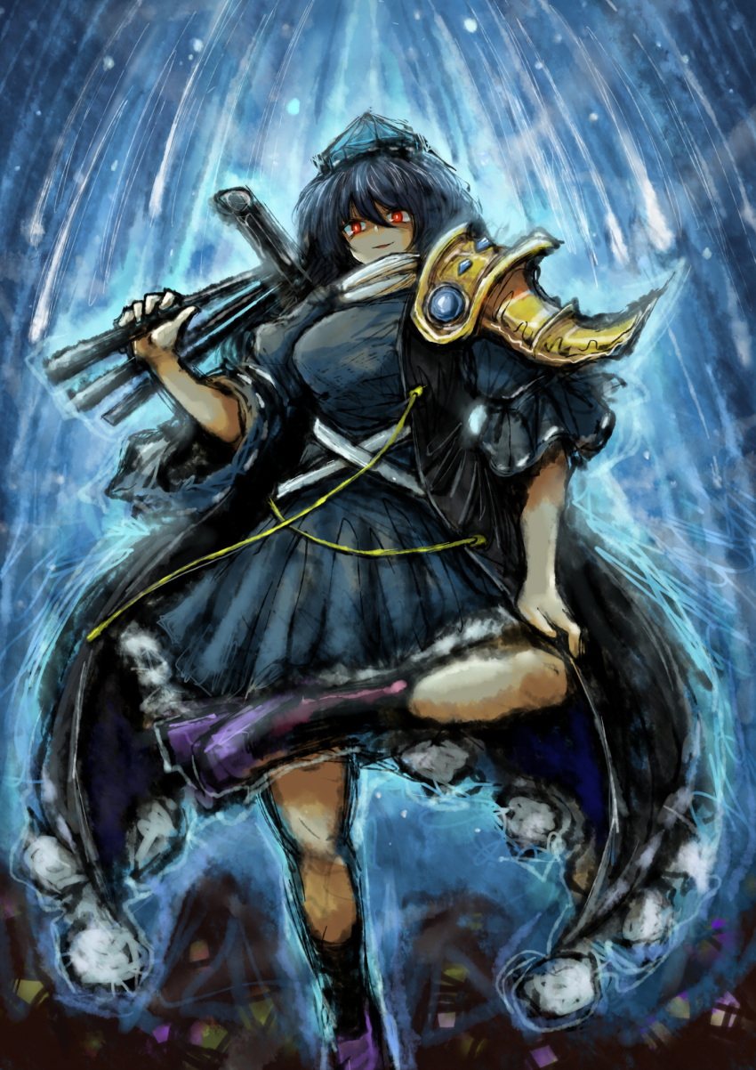 1girl 2b-ge black_hair blue_background blue_dress blue_headwear bright_pupils commentary_request dress foot_out_of_frame from_below geta hand_up hat highres holding_tripod iizunamaru_megumu medium_hair parted_lips red_eyes simple_background smile solo standing standing_on_one_leg tengu-geta tokin_hat touhou