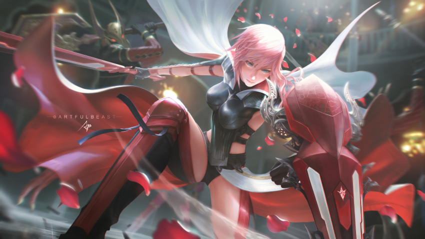 1girl absurdres armor armored_leotard blue_eyes breastplate cape commission final_fantasy final_fantasy_xiii gloves highres horns lightning_farron lightning_returns:_final_fantasy_xiii monster paul_nong petals pink_hair serious shield solo_focus sword thighhighs weapon