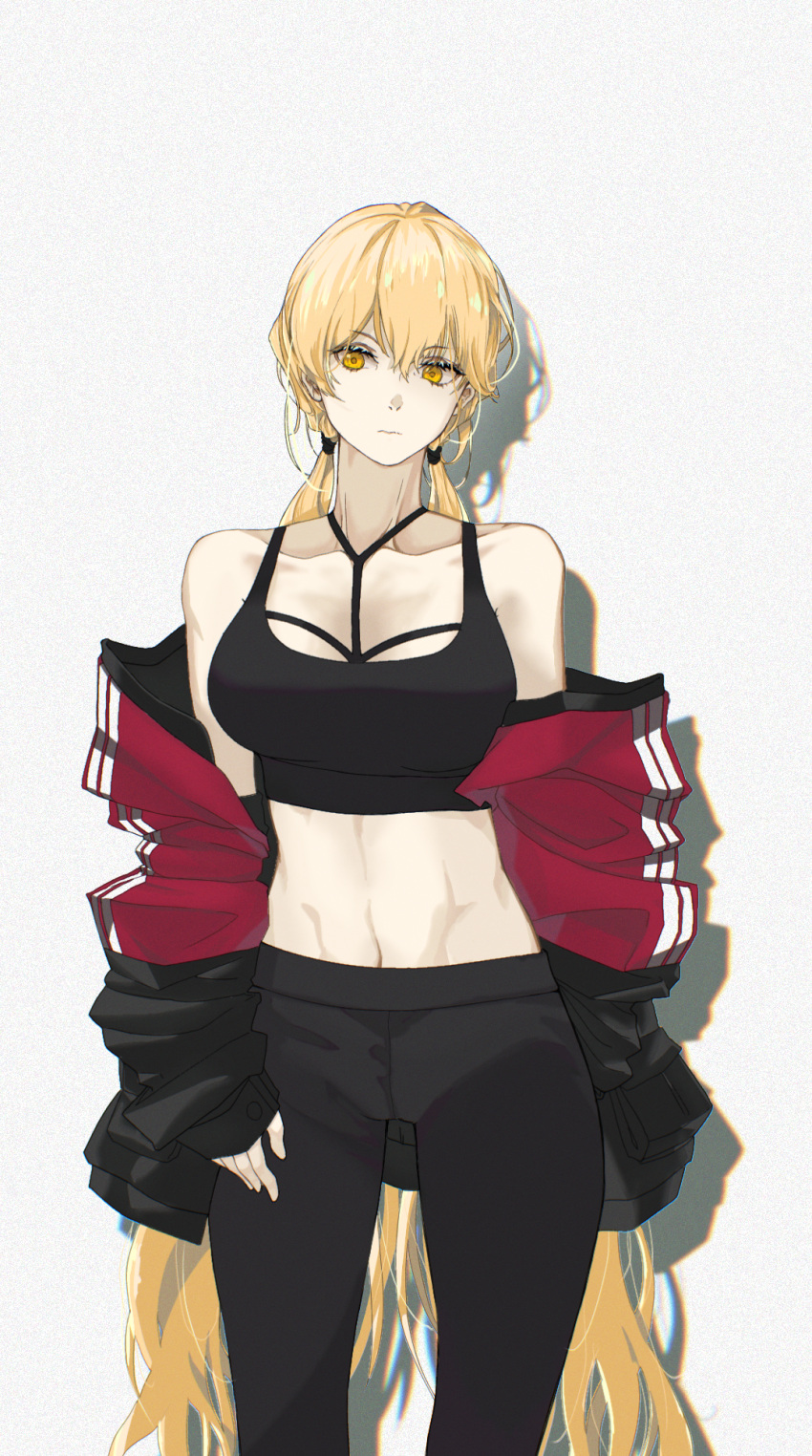 1girl alpello1901 bangs bare_shoulders black_pants black_sports_bra blonde_hair breasts closed_mouth collarbone eyebrows_visible_through_hair feet_out_of_frame girls_frontline highres jacket_pull long_hair looking_at_viewer medium_breasts ots-14_(girls_frontline) pants solo sports_bra sportswear standing stomach very_long_hair white_background yellow_eyes