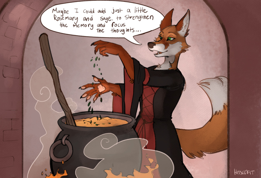 anthro boiling canid canine cauldron comic emerald_(gem) english_text female fox gem gown green_eyes herbs hi_res hisseefit mammal pendant silva_vernalis sketch solo speech_bubble text witchcraft