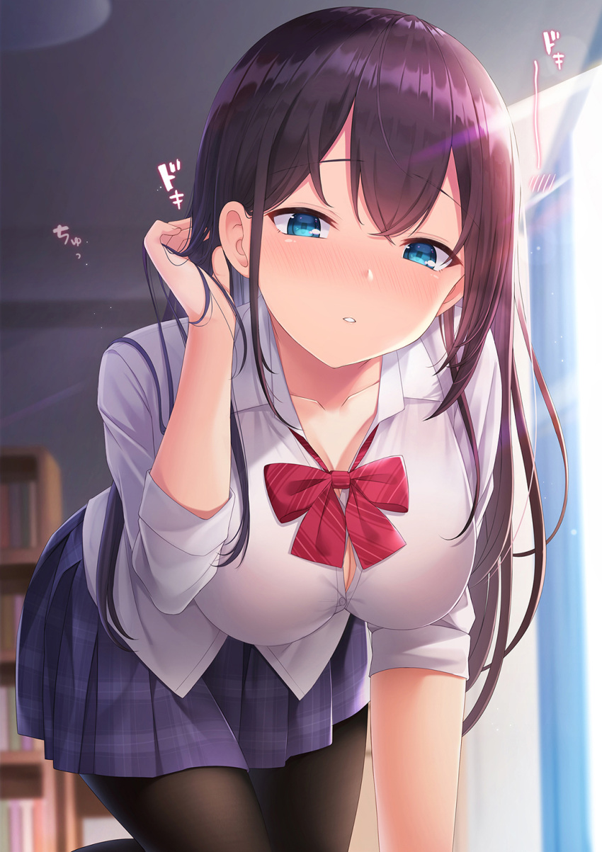 1girl bangs black_hair black_legwear blue_eyes blue_skirt blurry blurry_background blush breasts crossed_bangs hicha_nomu highres holding holding_hair indoors large_breasts leaning_forward long_hair looking_at_viewer looking_down neck_ribbon original pantyhose parted_lips red_neckwear ribbon school_uniform shirt skirt solo translation_request white_shirt