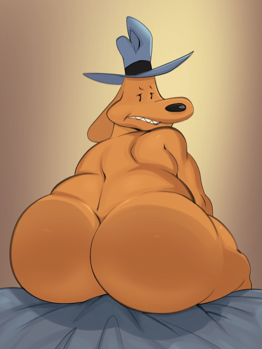 2021 absurd_res anthro big_butt black_clothing black_eyes black_hat black_headwear black_nose blue_clothing blue_hat blue_headwear brown_body brown_fur butt butt_focus canid canine canis clothing domestic_dog fur gradient_background hat hat_only headgear headgear_only headwear headwear_only hi_res huge_butt huge_thighs jerseydevil looking_at_viewer looking_back male mammal mostly_nude nude overweight overweight_anthro overweight_male pie_cut_eyes rear_view sam_and_max samuel_dog simple_background sitting solo tan_background thick_thighs