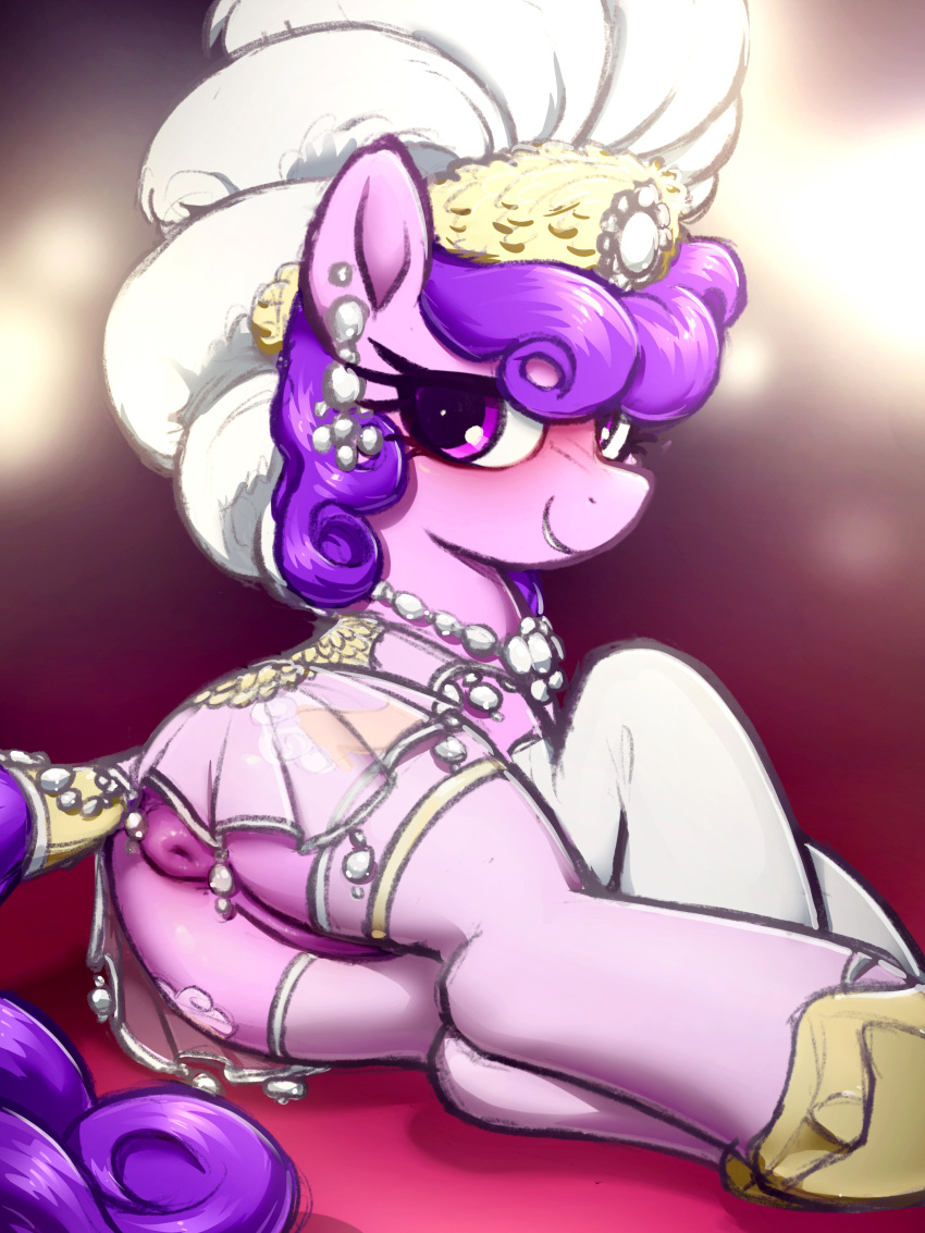 2021 3:4 absurd_res anus blush butt clothing cutie_mark digital_media_(artwork) equid equine eyelashes female feral genitals hasbro hi_res legwear looking_at_viewer mammal my_little_pony purple_eyes purple_tail selenophile smile solo