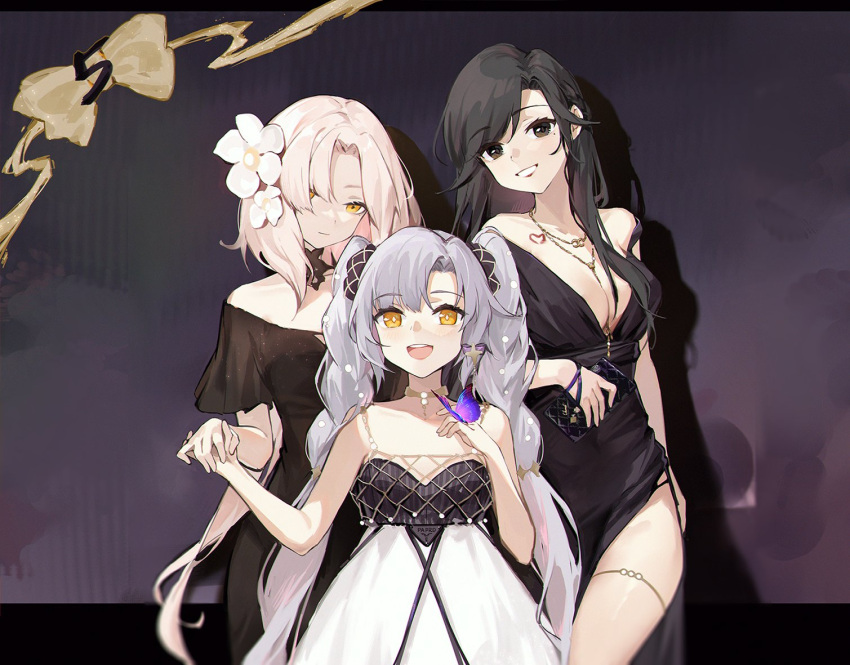 3girls alternate_costume anniversary aug_(girls_frontline) aug_para_(girls_frontline) black_dress black_hair breasts bug butterfly cleavage dress flower general_liu_(girls_frontline) girls_frontline hair_flower hair_ornament holding_hands insect multiple_girls silver_hair smile smile_(mm-l) thighs twintails white_hair yellow_eyes