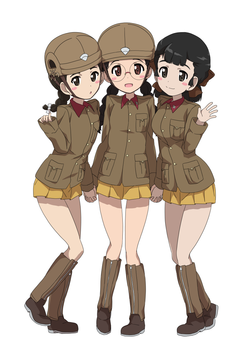 3girls 9s0ykoyama117 :o absurdres bangs black_eyes black_hair blush_stickers boots braid braided_ponytail brown_eyes brown_headwear brown_jacket brown_ribbon chi-hatan_military_uniform closed_mouth commentary fukuda_haru girls_und_panzer glasses hair_ribbon half_updo hasegawa_tatsu heel_up helmet highres hirai_hanako holding_hands interlocked_fingers jacket knee_boots long_hair long_sleeves looking_at_viewer medium_hair military military_uniform miniskirt multiple_girls open_mouth parted_lips pleated_skirt ponytail ribbon rimless_eyewear round_eyewear side-by-side simple_background single_braid skirt sleeves_past_wrists smile standing standing_on_one_leg twin_braids twintails uniform waving white_background white_ribbon yellow_skirt