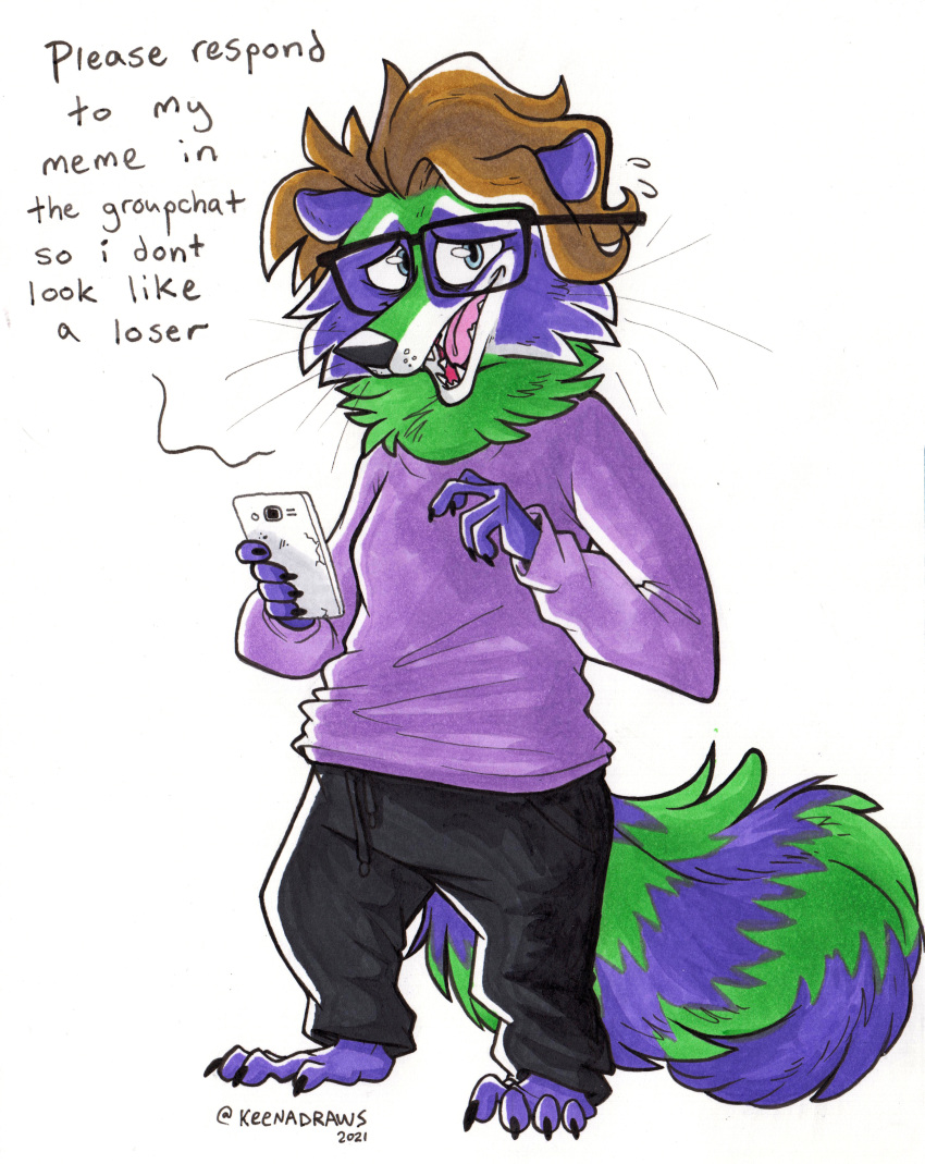 5_fingers 5_toes absurd_res ambiguous_gender cellphone claws clothed clothing dialogue english_text eyewear facial_markings feet fingers fluffy fluffy_tail full-length_portrait fur glasses green_body green_fur hair head_markings hi_res keena_(keenadraws) keenadraws mammal marker_(artwork) markings mask_(marking) nervous nervous_smile open_mouth phone portrait procyonid purple_body purple_fur raccoon simple_background smartphone smile snout solo standing striped_tail stripes sweatpants sweatshirt talking_to_viewer text toes tongue traditional_media_(artwork) worried