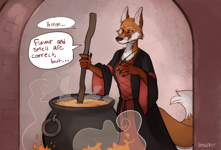 anthro boiling canid canine cauldron comic emerald_(gem) female focused fox gem gown green_eyes hi_res hisseefit mammal pawpads pendant silva_vernalis sketch solo speech_bubble text witchcraft