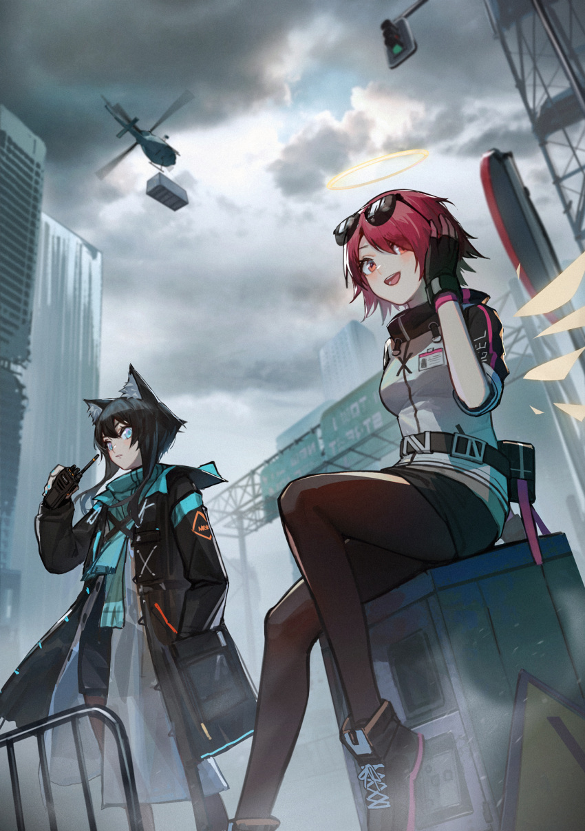 2girls angel_wings animal_ear_fluff animal_ears aqua_eyes arknights belt black_hair black_jacket black_legwear blush building character_request city cityscape cloud cloudy_sky exusiai_(arknights) halo highres id_card jacket looking_at_viewer mek multiple_girls name_tag open_mouth outdoors pantyhose red_eyes red_hair shoes short_hair sitting sky skyscraper standing sunglasses wings