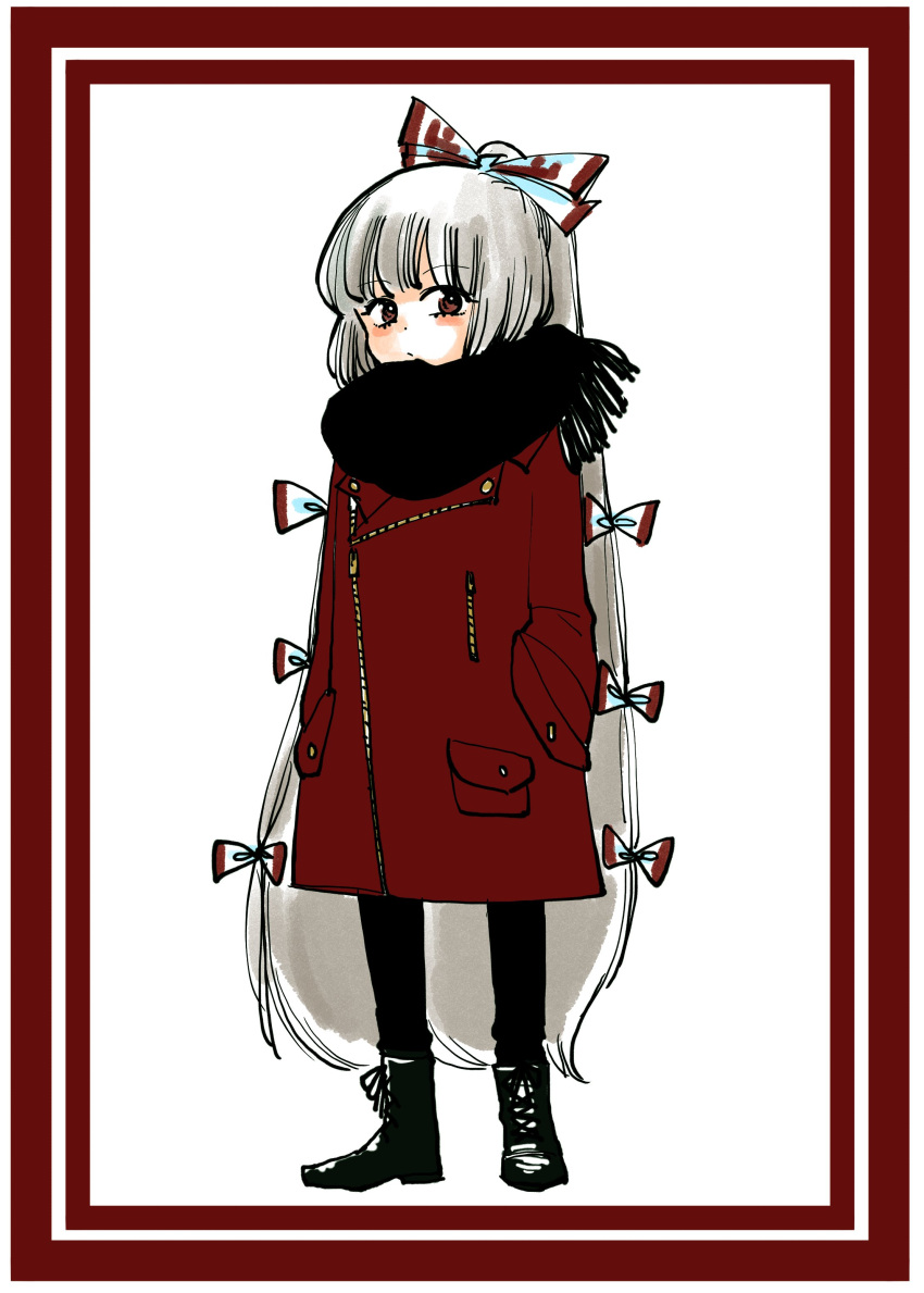 1girl absurdres alternate_costume black_footwear black_scarf boots border bow coat commentary_request contemporary fujiwara_no_mokou full_body hair_bow hands_in_pockets highres komaku_juushoku long_hair long_sleeves looking_at_viewer red_border red_bow red_coat red_eyes scarf simple_background solo touhou very_long_hair white_background white_bow white_hair