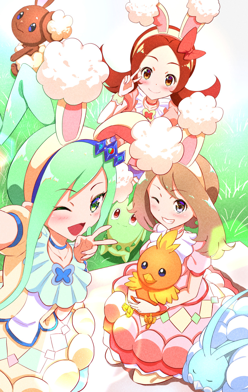 3girls absurdres altaria alternate_costume animal_ears aqua_hair asymmetrical_hair bangs blue_choker blush brown_eyes brown_hair buneary bunny_ears chikorita choker collarbone dress eyebrows_visible_through_hair fake_animal_ears gen_2_pokemon gen_3_pokemon gen_4_pokemon grass green_eyes grey_eyes hair_ornament hair_ribbon highres kuroko_(uver-world1009) lisia_(pokemon) looking_at_viewer lyra_(pokemon) may_(pokemon) multiple_girls official_alternate_costume one_eye_closed outdoors pink_choker pokemon pokemon_(creature) pokemon_(game) pokemon_masters_ex pokemon_oras ponytail red_choker ribbon seiza short_sleeves sitting smile teeth torchic twintails v wrist_cuffs