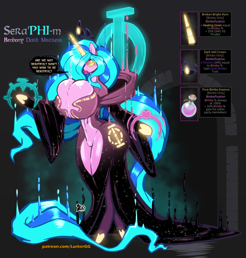 anthro big_breasts blue_hair breasts broken_horn cleavage clothed clothing dialogue english_text equid equine female glowing glowing_eyes glowing_hair hair hi_res horn huge_breasts lurkergg mammal robe solo speech_bubble text tight_clothing unicorn url yellow_eyes
