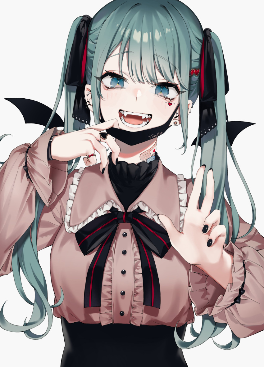 1girl :d absurdres artist_name bandaid bandaid_on_neck bangs bizet black_nails black_ribbon black_skirt center_frills character_request check_character choker detached_wings earrings eyebrows_visible_through_hair fangs frills hair_ribbon hands_up hatsune_miku heart_ring highres jewelry long_hair long_sleeves looking_at_viewer mask mouth_mask nail_polish open_mouth red_ribbon ribbon ring shiny shiny_hair simple_background skirt smile solo symbol_commentary twintails upper_body vocaloid white_background wings
