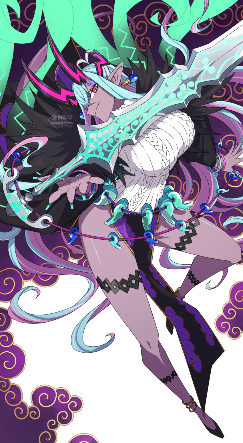 1girl aqua_hair bangs bare_shoulders black_coat black_skirt breasts coat colored_skin dark_skin dark_skinned_female earrings eyeliner fate/grand_order fate_(series) fur_trim grey_skin hair_between_eyes highres horns ibuki_douji_(fate) jewelry large_breasts long_hair long_sleeves looking_at_viewer magatama makeup multicolored_hair neo_kabocha off_shoulder oni oni_horns pelvic_curtain pink_hair pointy_ears red_eyes ribbed_sweater sidelocks skirt sleeveless_sweater smile sweater sword tail thighs turtleneck turtleneck_sweater weapon wide_sleeves