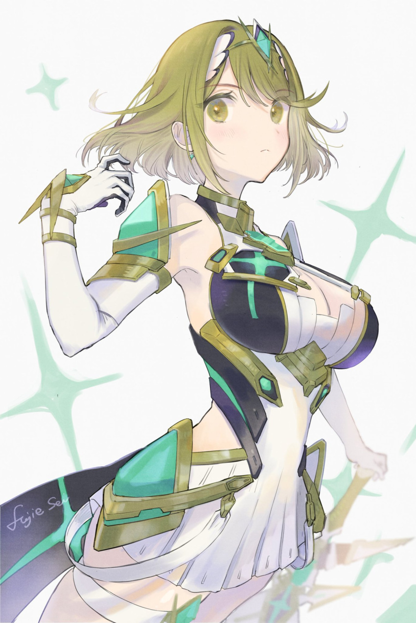 aegis_sword_(xenoblade) alternate_color alternate_hairstyle bangs bare_legs bare_shoulders blonde_hair breasts chest_jewel cleavage cleavage_cutout clothing_cutout dress earrings elbow_gloves fujie-yz gloves highres jewelry large_breasts mythra_(xenoblade) short_dress swept_bangs thigh_strap tiara white_dress white_gloves xenoblade_chronicles_(series) xenoblade_chronicles_2 yellow_eyes