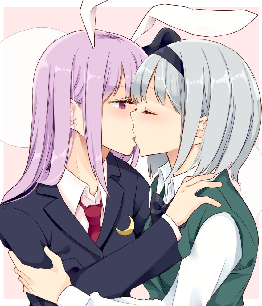 2girls animal_ears black_bow black_hairband black_neckwear blush bow bowtie bunny_ears closed_eyes commentary_request crescent crescent_pin extra_ears from_side green_vest hairband hand_on_another's_shoulder highres hitodama kiss konpaku_youmu konpaku_youmu_(ghost) long_hair looking_at_another multiple_girls necktie pink_background profile purple_hair red_neckwear reisen_udongein_inaba short_hair silver_hair simple_background stigma1101 suit_jacket touhou upper_body vest yuri