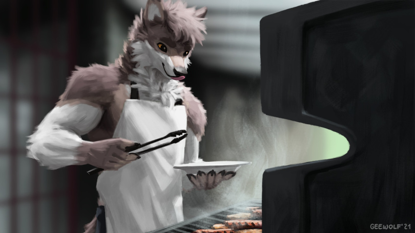 5_fingers anthro brown_body brown_fur canid canine canis clothing cookie cooking ears_up fingers food fur geewolf hair happy holding_object items licking male mammal meat orange_eyes paws self_lick smile solo tongue tongue_out white_body white_fur wolf young