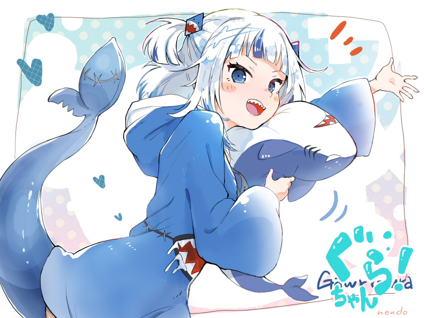 absurdres animal_costume bangs blue_eyes blue_hair blue_hoodie blunt_bangs fish_tail gawr_gura hair_ornament highres hololive hololive_english holomyth hood hoodie long_sleeves medium_hair multicolored_hair nendo23 shark shark_costume shark_girl shark_hair_ornament shark_tail sharp_teeth silver_hair streaked_hair stuffed_animal stuffed_toy tail teeth two_side_up virtual_youtuber wide_sleeves