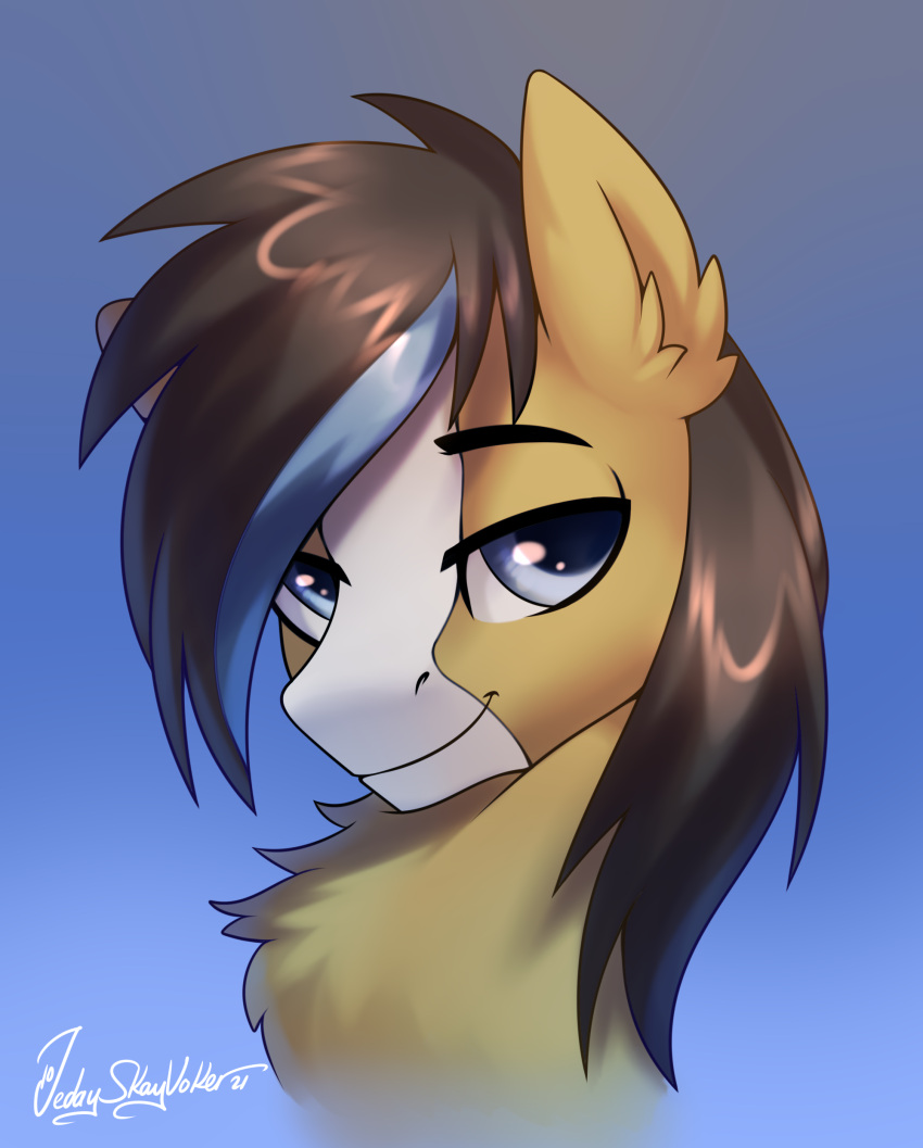 2021 absurd_res black_mane blue_background blue_eyes blue_mane bust_portrait chest_tuft english_text equid equine fan_character feral fur hasbro hi_res horse inner_ear_fluff jedayskayvoker looking_at_viewer male mammal mane multicolored_mane my_little_pony pony portrait quadruped signature simple_background smile solo tan_body tan_fur text tuft white_body white_fur