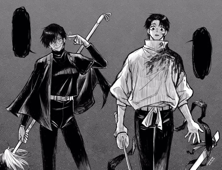 1boy 1girl arm_up bandage_over_one_eye bangs belt blank_speech_bubble blood blood_on_face bloody_clothes burn_scar capelet closed_mouth cowboy_shot greyscale high_collar highres holding holding_polearm holding_sowrd holding_weapon jacket jujutsu_kaisen katana long_sleeves looking_at_viewer maga_(comicfans100) monochrome okkotsu_yuuta pants pointing pointing_at_self polearm scabbard scar sheath short_hair smile speech_bubble spoilers standing sword weapon zen'in_maki