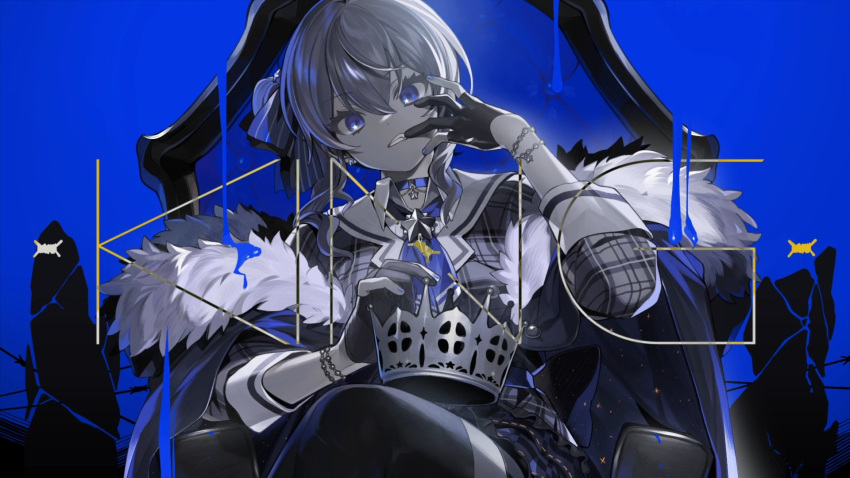 1girl bangs barbed_wire black_choker blue_background blue_eyes blue_neckwear blue_theme bracelet chair choker coat commentary_request crown crown_removed english_text finger_to_mouth fingerless_gloves fur-trimmed_coat fur_trim gloves grin hair_ornament hairclip highres holding holding_crown hololive hoshimachi_suisei jewelry king_(vocaloid) long_sleeves looking_at_viewer lunch_(lunchicken) official_art partially_fingerless_gloves second-party_source smile solo song_name star_(symbol) star_hair_ornament straight-on teeth thighhighs throne virtual_youtuber