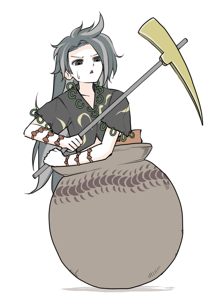 1girl bangs black_shirt bug cauldron centipede getting_over_it grey_eyes grey_hair highres himemushi_momoyo holding_pickaxe in_cauldron in_pot long_hair looking_down open_mouth peroponesosu. pot shirt short_sleeves simple_background solo sweatdrop touhou v-shaped_eyebrows white_background