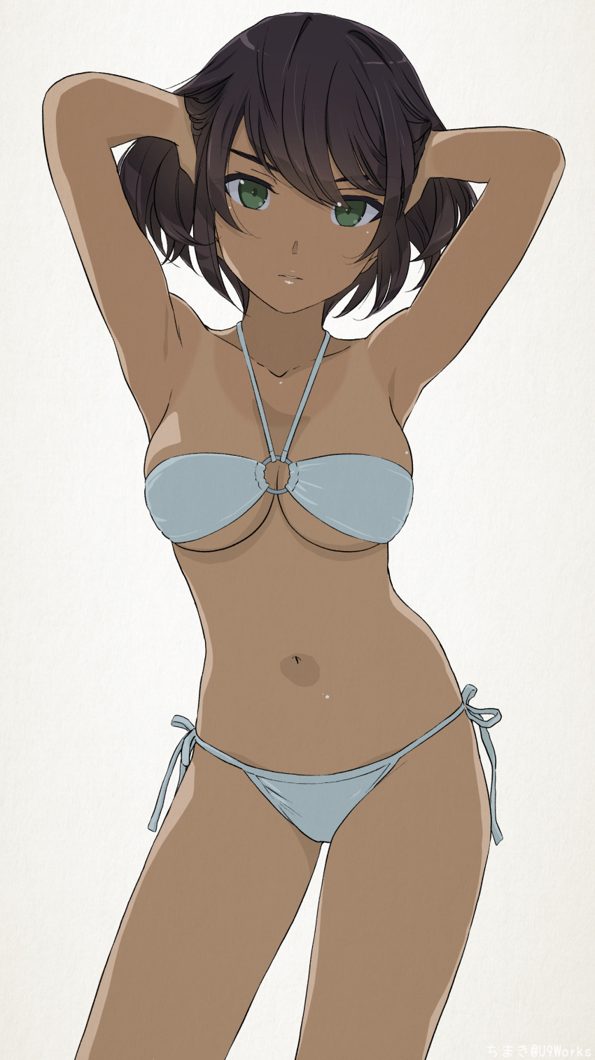 1girl absurdres akagi_(fmttps) armpits bikini breasts closed_mouth eyebrows_visible_through_hair girls_und_panzer green_eyes grey_background hands_up highres hoshino_(girls_und_panzer) looking_at_viewer medium_breasts navel o-ring o-ring_bikini o-ring_top one-piece_tan short_hair side-tie_bikini simple_background solo standing swimsuit tan tanline