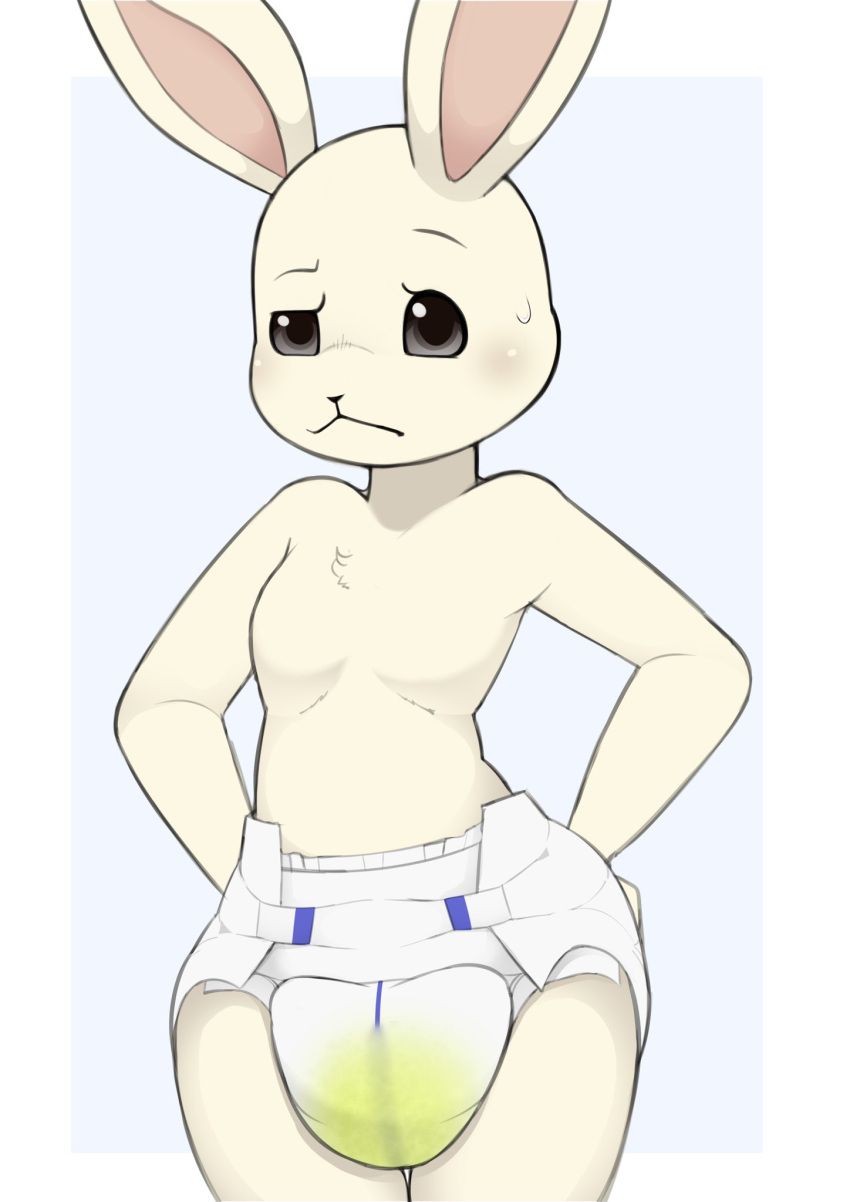 2021 anthro beastars blush bodily_fluids chest_tuft diaper eyebrows female flat_chested fur genital_fluids haru_(beastars) hi_res lagomorph leporid mammal nyanyakotarou rabbit raised_eyebrow simple_background solo standing tuft urine wet_diaper wetting white_body white_fur