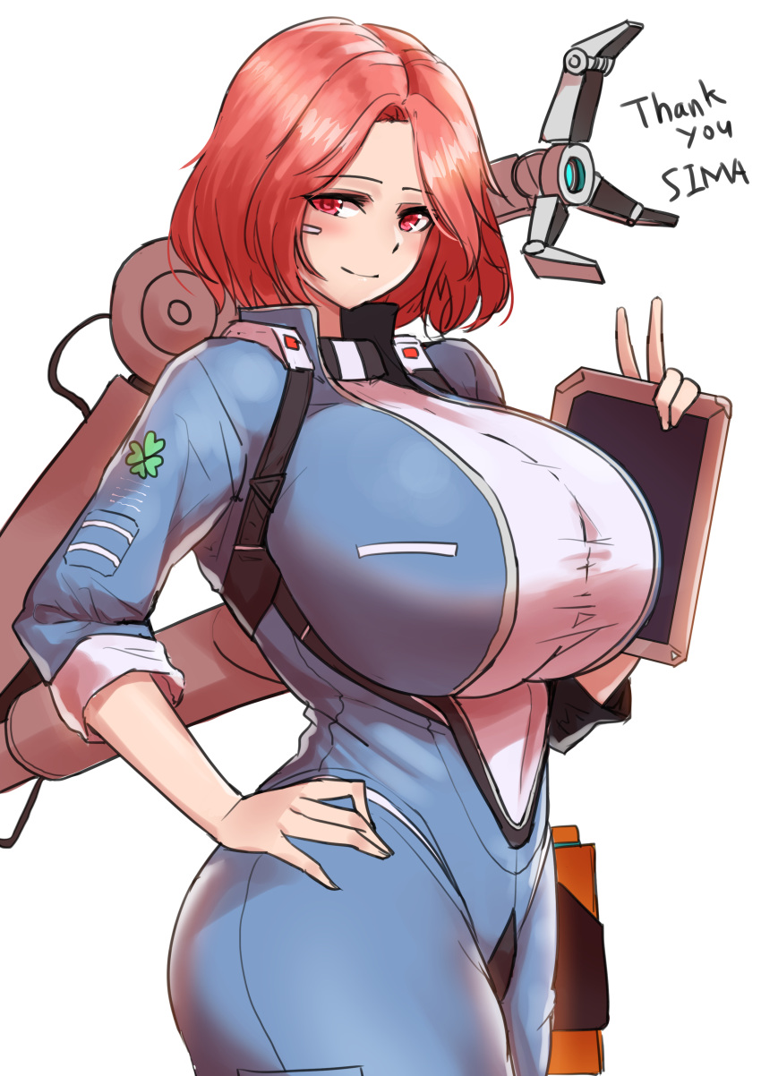 1girl absurdres blush bodysuit breasts chest_strap cho!cho! english_commentary english_text fortune_(last_origin) highres huge_breasts last_origin looking_at_viewer red_eyes red_hair short_hair simple_background solo tablet_pc thighs v white_background