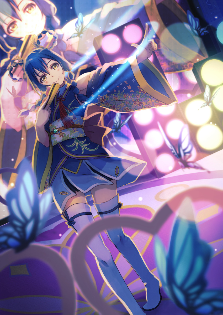 1girl angelic_angel armpits bangs blue_hair boots braid bug butterfly commentary_request concert fan folding_fan hair_between_eyes hair_rings highres insect japanese_clothes kimono kimono_skirt light long_hair looking_at_viewer love_live! love_live!_school_idol_project love_live!_the_school_idol_movie macken666 outstretched_arm solo sonoda_umi spotlight stage stage_lights swept_bangs thigh_boots thighhighs twin_braids white_footwear yellow_eyes