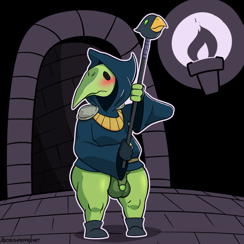 absurd_res animal_mask balls beak_mask big_balls blush bottomless clothed clothing crushpepper genitals hi_res huge_balls huge_thighs humanoid male mask not_furry penis plague_doctor plague_knight robe shovel_knight solo thick_thighs yacht_club_games