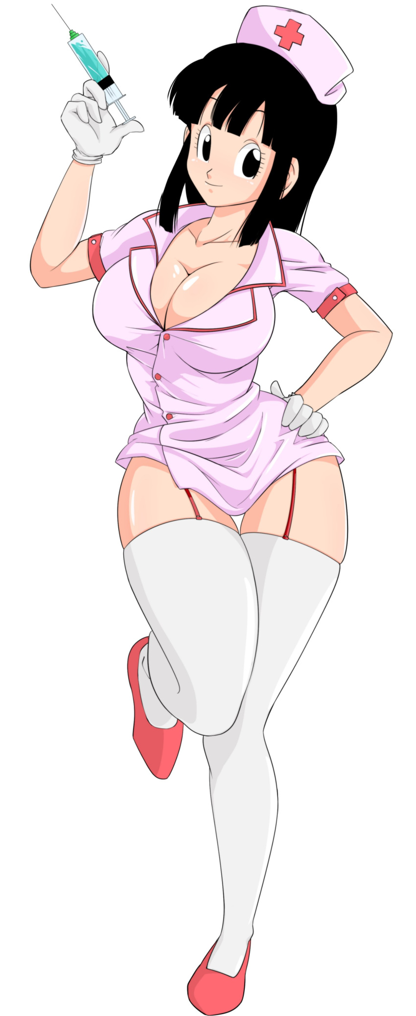 1girl absurdres black_eyes black_hair breasts chi-chi_(dragon_ball) cleavage doctor dougi dragon_ball eyebrows_visible_through_hair hair_between_eyes hand_on_hip hat highres holding nurse nurse_cap red_footwear simple_background smile solo thighhighs white_background