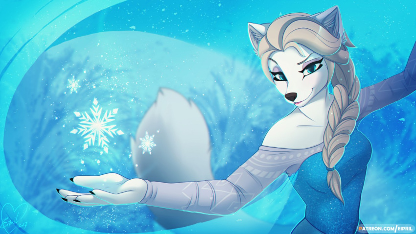 2017 5_fingers alternate_species anthro black_claws blue_clothing breasts canid canine claws clothed clothing eipril female finger_claws fingers frozen_(movie) fur furrification grey_hair hair looking_at_viewer mammal monotone_hair queen_elsa_(frozen) solo text url
